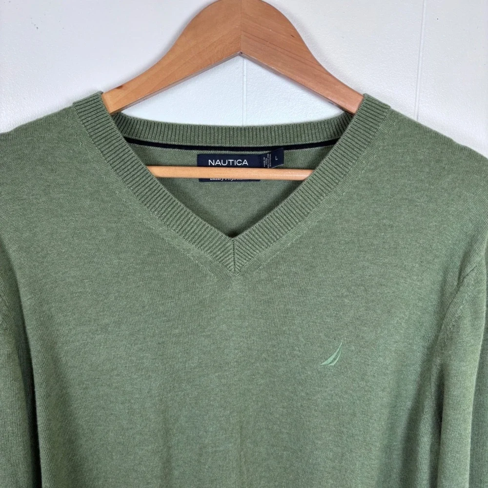 Nautica V-Neck Men's Sweater Luxury Performance Cotton Blend Olive Green Large‎
